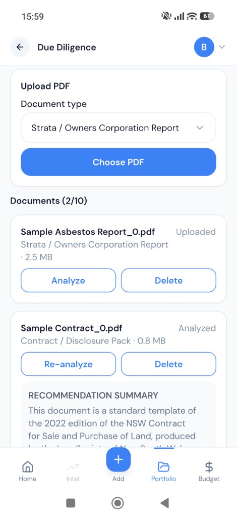 Due Diligence screen with uploaded reports and a recommendation summary